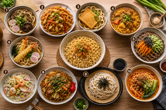 Overhead view of ten Japanese-inspired noodle dishes arranged on a table, featuring soups, stir-fried noodles, and cold noodle salads made with Mi Sedaap.
