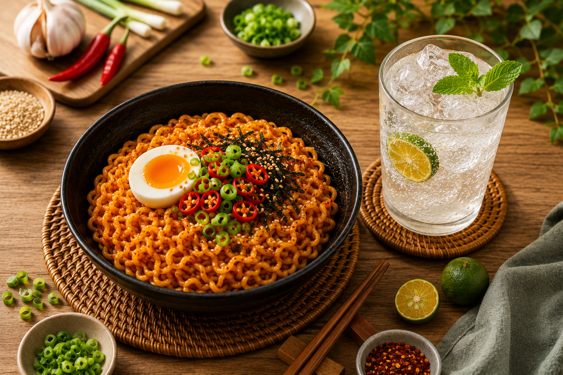 spicy noodles topped with egg, chili, and green onion sits beside a chilled sparkling citrus drink with ice on a wooden table.