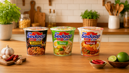 Mi Sedaap cup noodle flavors including Original Fried, Korean Spicy Chicken, and Soto displayed in cups with prepared noodles and toppings on a tabletop.