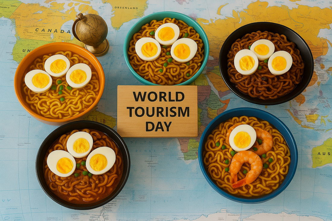 Five colorful bowls of instant noodles topped with eggs and shrimp placed on a world map, with a wooden sign reading 'World Tourism Day' in the center.