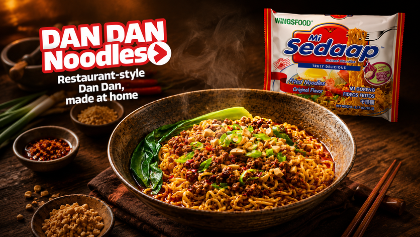 A steaming bowl of restaurant-style Dan Dan Noodles topped with minced meat, crushed peanuts, and bok choy, served next to a packet of Mi Sedaap Fried Noodles on a rustic wooden table.