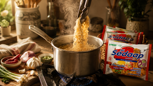 Tongs lifting steaming noodles from a pot on a stove next to Mi Sedaap noodle packets and fresh ingredients