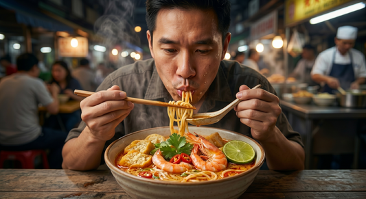 Person holding an empty Mi Sedaap noodle bowl after finishing spicy ramen soup with chopsticks, featuring Singaporean Laksa and Soto Mie flavors in a cozy Asian noodle restaurant setting.