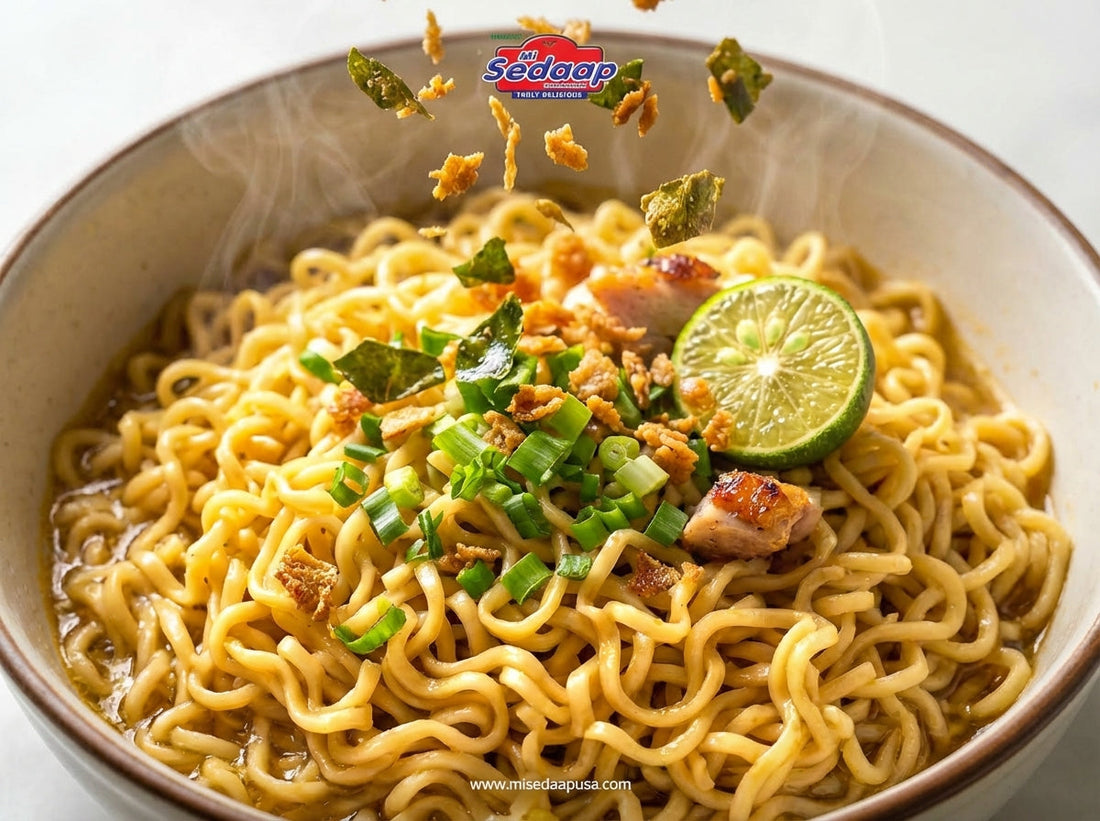Bowl of Mi Sedaap topped with limau
