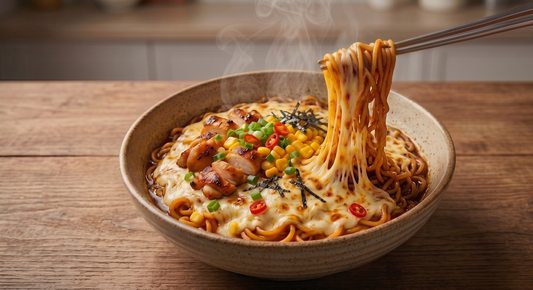Close-up of Mi Sedaap Korean Cheese Buldak Spicy noodles topped with melted cheese, green onions, and spicy sauce, served in a black bowl with chopsticks for a bold korean spicy ramen experience.