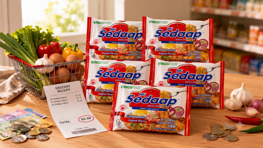 Mi Sedaap Original Fried Noodles representing affordable budget meals under $10 made with instant noodles.