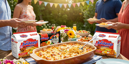 cheesy noodle casserole served in a large ceramic baking dish at an outdoor summer party. Packages of Mi Sedaap instant noodles flank the dish on a wooden picnic table