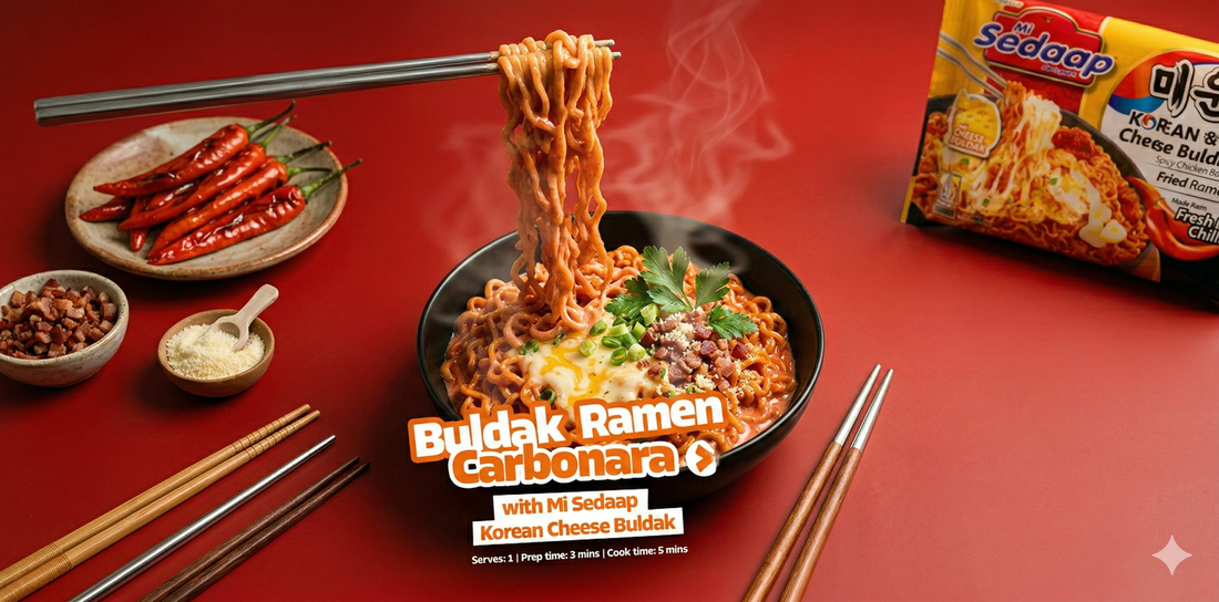 Buldak Ramen Carbonara, featuring a central bowl of creamy spicy noodles with melted cheese and bacon bits. To the left are small bowls of ingredients and red chilies; to the right is a pack of Mi Sedaap Korean Cheese Buldak