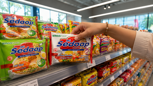 A person's hand reaching for a packet of Mi Sedaap Fried Noodles Original Flavor on a supermarket shelf