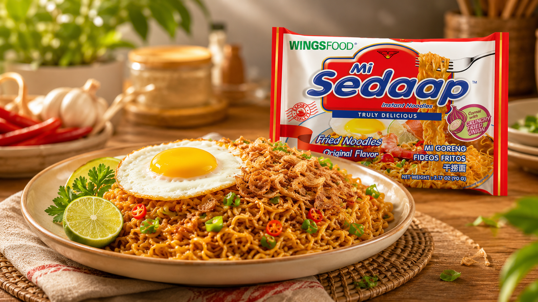 A plate of cooked Mi Sedaap fried noodles topped with a fried egg and lime next to a packet of the noodles.