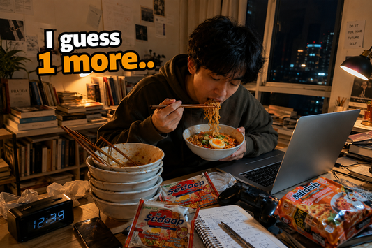 A young man eats instant noodles late at night while working on a laptop, surrounded by packages of Mi Sedaap and a large stack of empty bowls on his cluttered desk. Bold overlay text reads "I guess 1 more.."