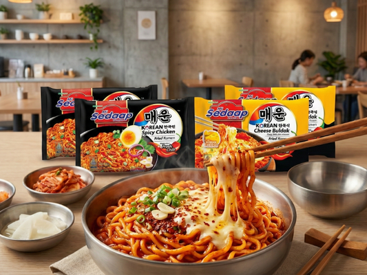 A bowl of Mi Sedaap with Mi Sedaap Korean Spicy Chicken and Mi Sedaap Korean Cheese Buldak in a peaceful surroundings