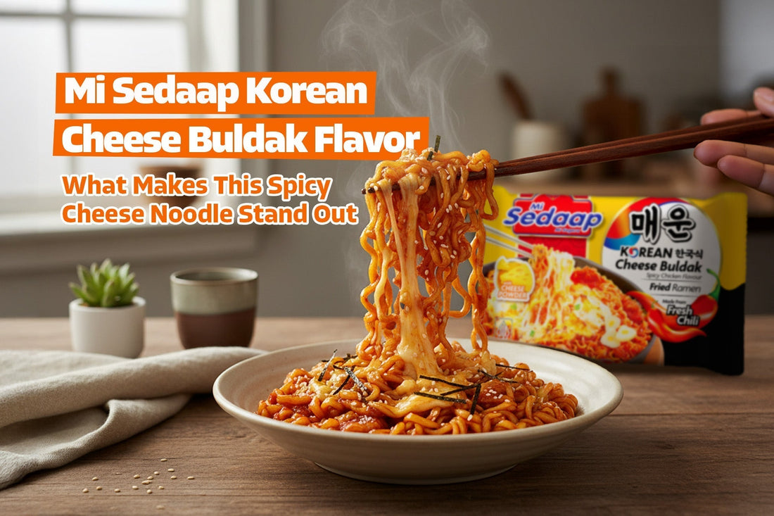 Steaming Mi Sedaap Korean Cheese Buldak noodles lifted with chopsticks beside the product pack.