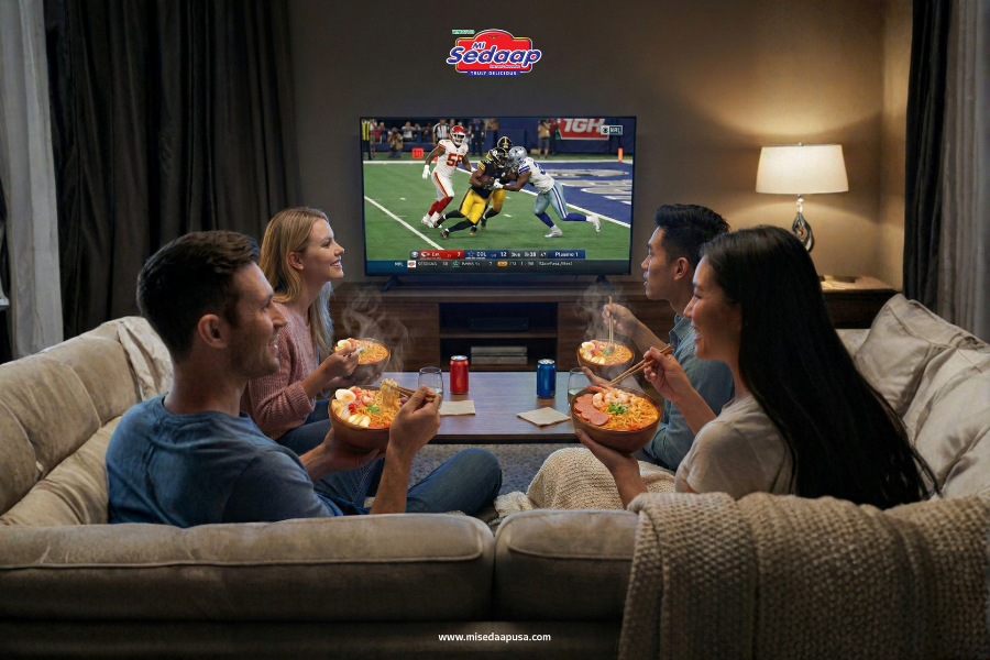 Friends enjoying hot noodles while watching football at home.
