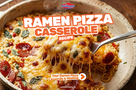 Cheesy ramen pizza casserole with melted cheese pull.