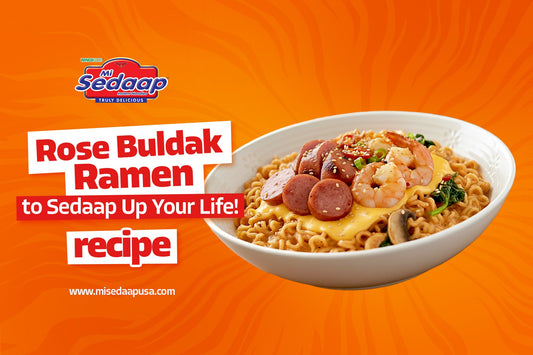 Mi Sedaap Rose Buldak Ramen topped with shrimp, sausage slices, melted cheese, and vegetables on an orange background promoting the recipe.