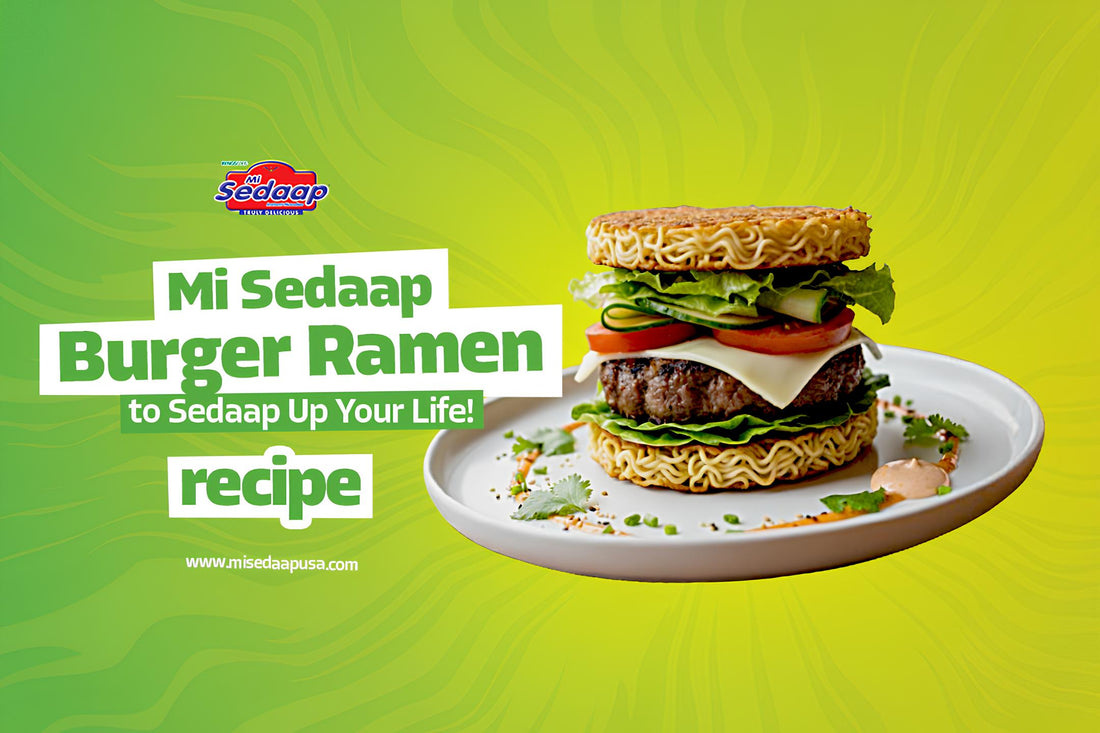 Mi Sedaap ramen burger with cheese, lettuce, tomato, and noodle buns on a plate.