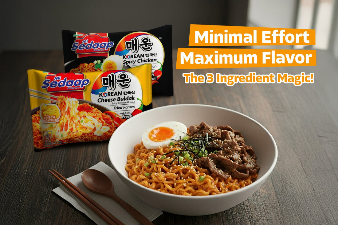 Bowl of Mi Sedaap Korean Cheese Buldak ramen topped with beef, soft-boiled egg, and seaweed, with product packs in the background and text reading “Minimal Effort Maximum Flavor – The 3 Ingredient Magic!”
