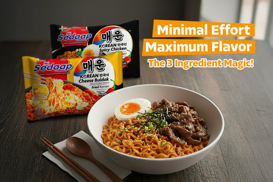 Bowl of Mi Sedaap Korean Cheese Buldak ramen topped with beef, soft-boiled egg, and seaweed, with product packs in the background and text reading “Minimal Effort Maximum Flavor – The 3 Ingredient Magic!”