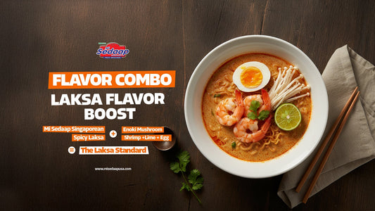 Mi Sedaap Singapore Laksa with shrimp, egg, lime, and enoki mushrooms in a white bowl.