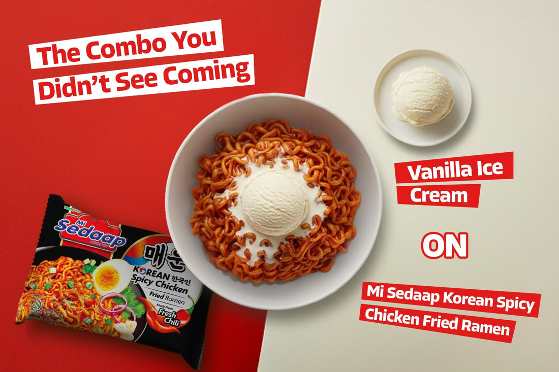 A bowl of Mi Sedaap Korean Spicy Chicken noodles topped with a scoop of vanilla ice cream.