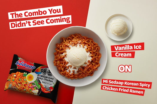 A bowl of Mi Sedaap Korean Spicy Chicken noodles topped with a scoop of vanilla ice cream.
