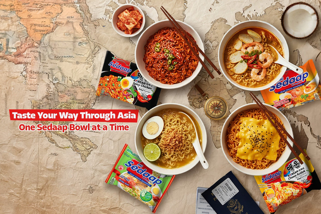 Four bowls of Mi Sedaap noodles inspired by Asian flavors arranged on a vintage world map background.