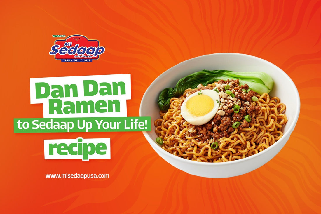 Mi Sedaap Dan Dan Ramen served with minced meat, bok choy, and half-boiled egg on an orange background promoting the noodle recipe.