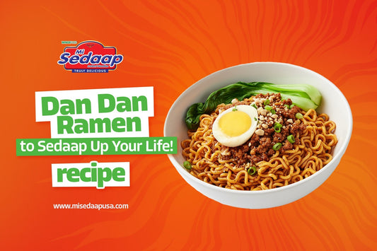Mi Sedaap Dan Dan Ramen served with minced meat, bok choy, and half-boiled egg on an orange background promoting the noodle recipe.