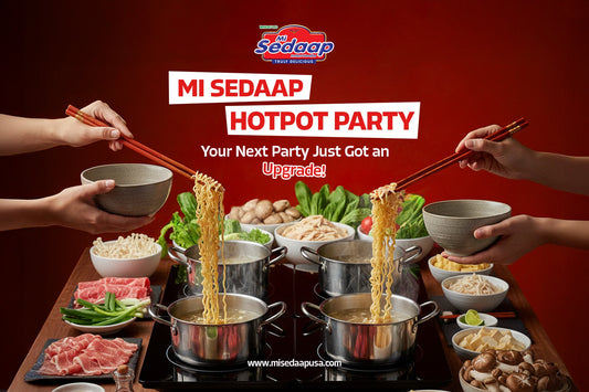 Hands lifting Mi Sedaap noodles from individual hotpot bowls surrounded by vegetables, meats, mushrooms, and toppings at a shared hotpot party setup.