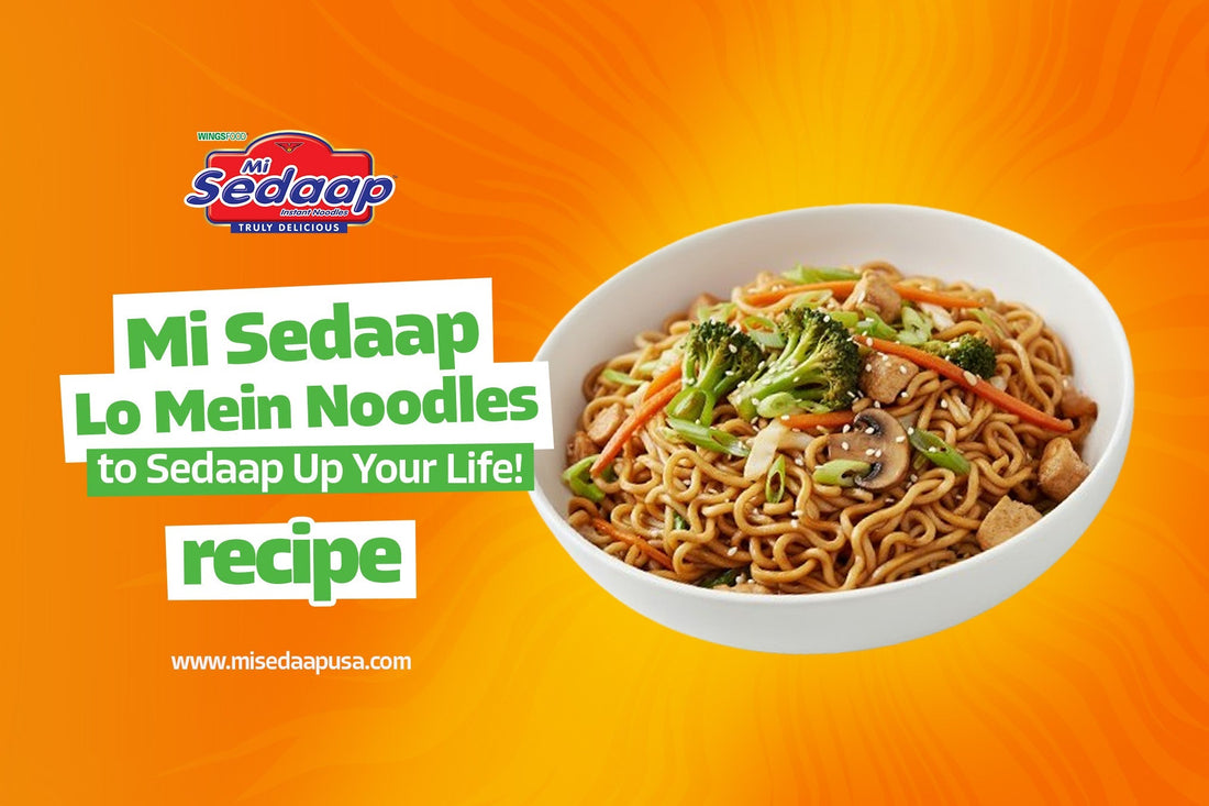 Mi Sedaap Lo Mein Noodles served with broccoli, carrots, mushrooms, and tofu on a bright orange background promoting the noodle recipe.