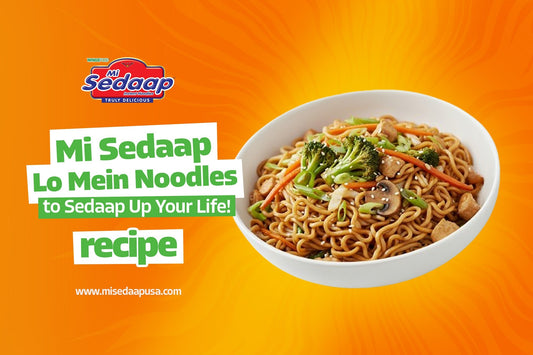 Mi Sedaap Lo Mein Noodles served with broccoli, carrots, mushrooms, and tofu on a bright orange background promoting the noodle recipe.