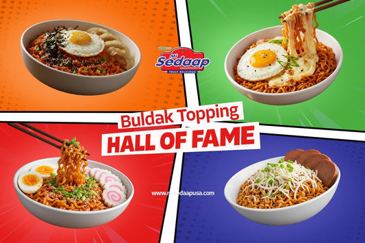 Four Mi Sedaap Buldak noodle bowls with creative toppings in a colorful Hall of Fame layout.