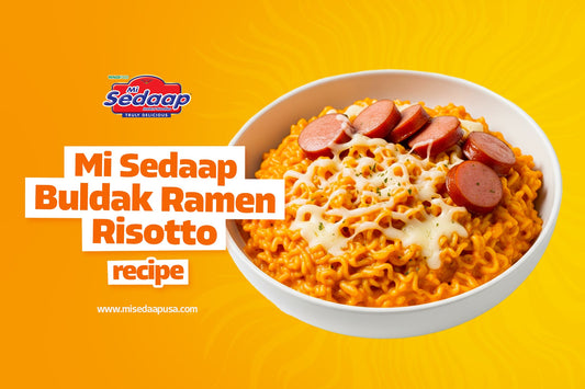Mi Sedaap Buldak Ramen Risotto with sausages and melted cheese, recipe promo.