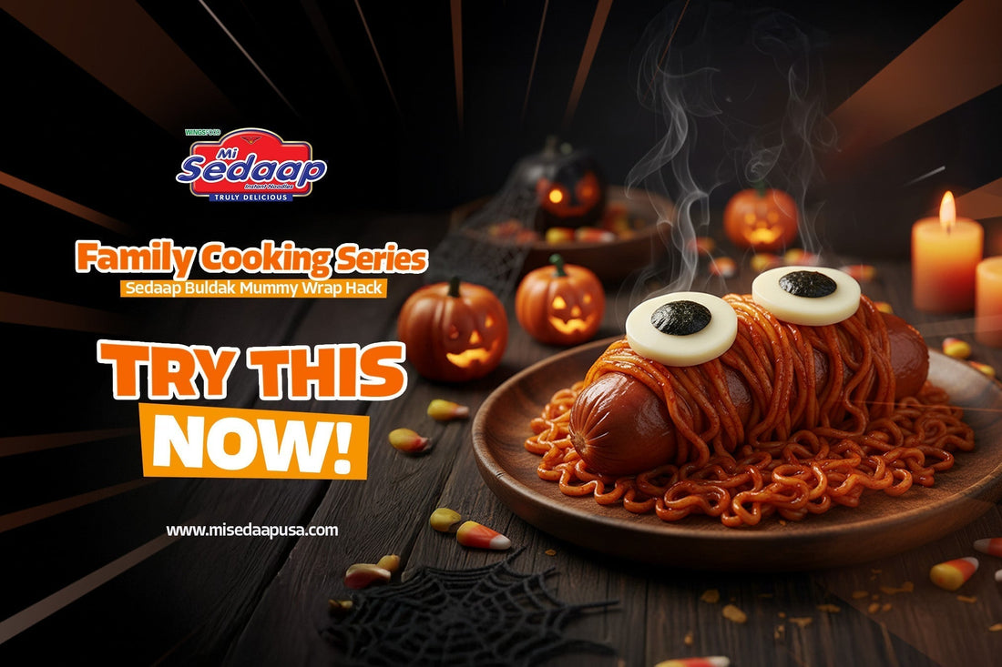Mi Sedaap Buldak Mummy Wrap noodles with sausage and cheese eyes on Halloween-themed table.