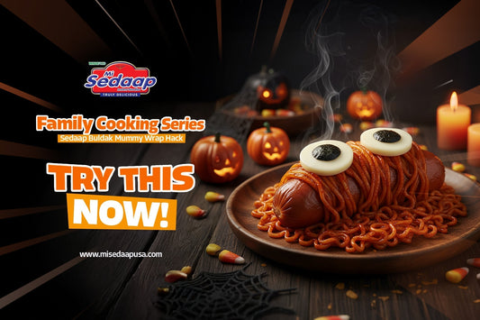 Mi Sedaap Buldak Mummy Wrap noodles with sausage and cheese eyes on Halloween-themed table.