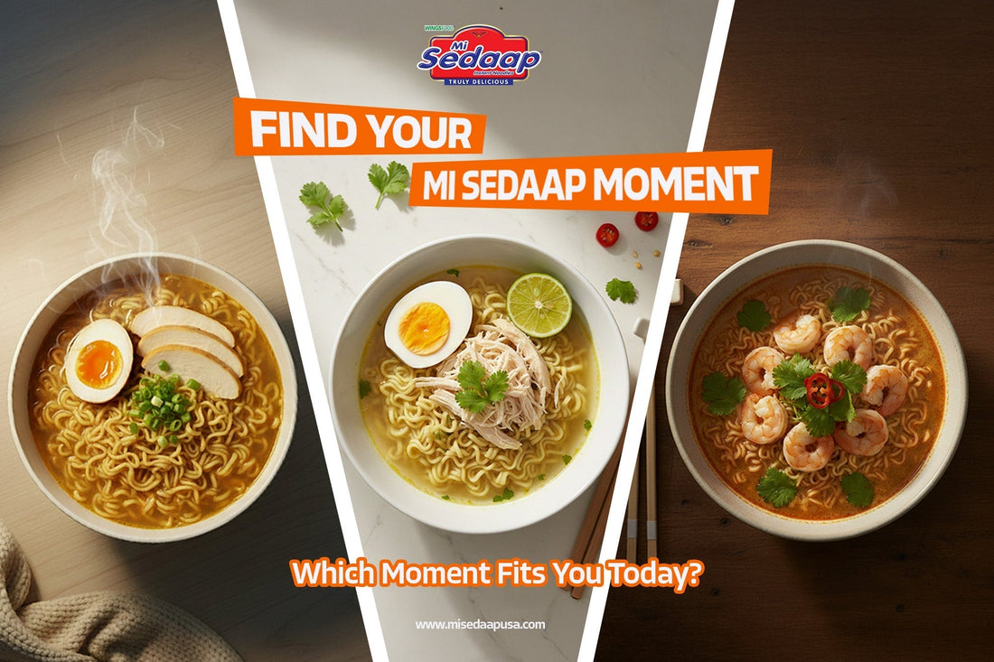 Three Mi Sedaap noodle bowls featuring chicken, shredded chicken, and shrimp, shown side by side to highlight different flavor moments.
