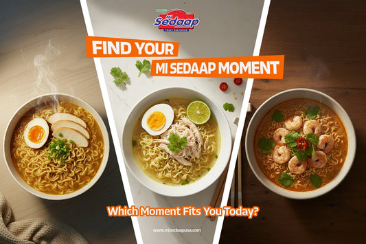 Three Mi Sedaap noodle bowls featuring chicken, shredded chicken, and shrimp, shown side by side to highlight different flavor moments.
