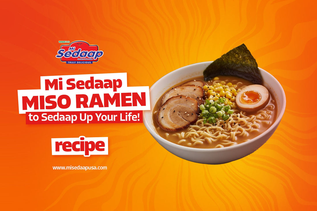 Mi Sedaap miso ramen with egg, pork slices, corn, and seaweed on bright orange background.