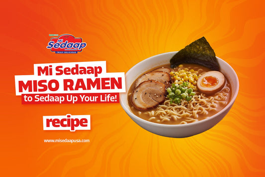 Mi Sedaap miso ramen with egg, pork slices, corn, and seaweed on bright orange background.