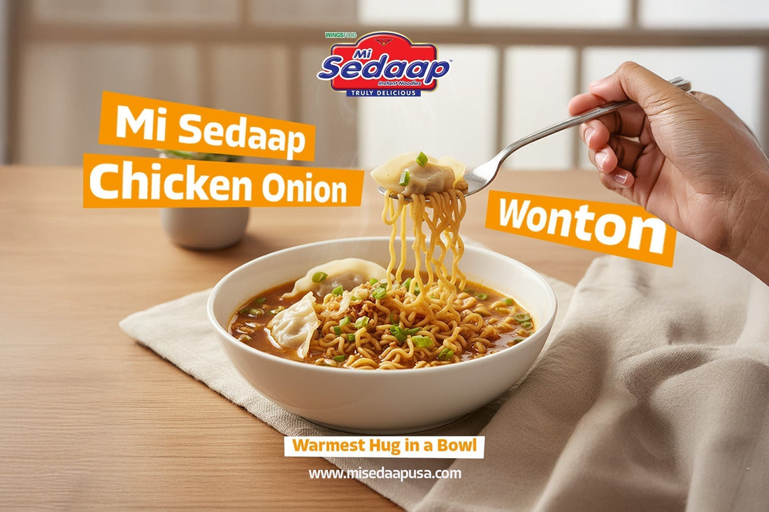 Bowl of Mi Sedaap Chicken Onion noodles with wonton, lifted with a fork on a wooden table.