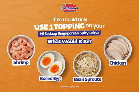 Topping options for Mi Sedaap Singaporean Spicy Laksa including shrimp, boiled egg, bean sprouts, and chicken.