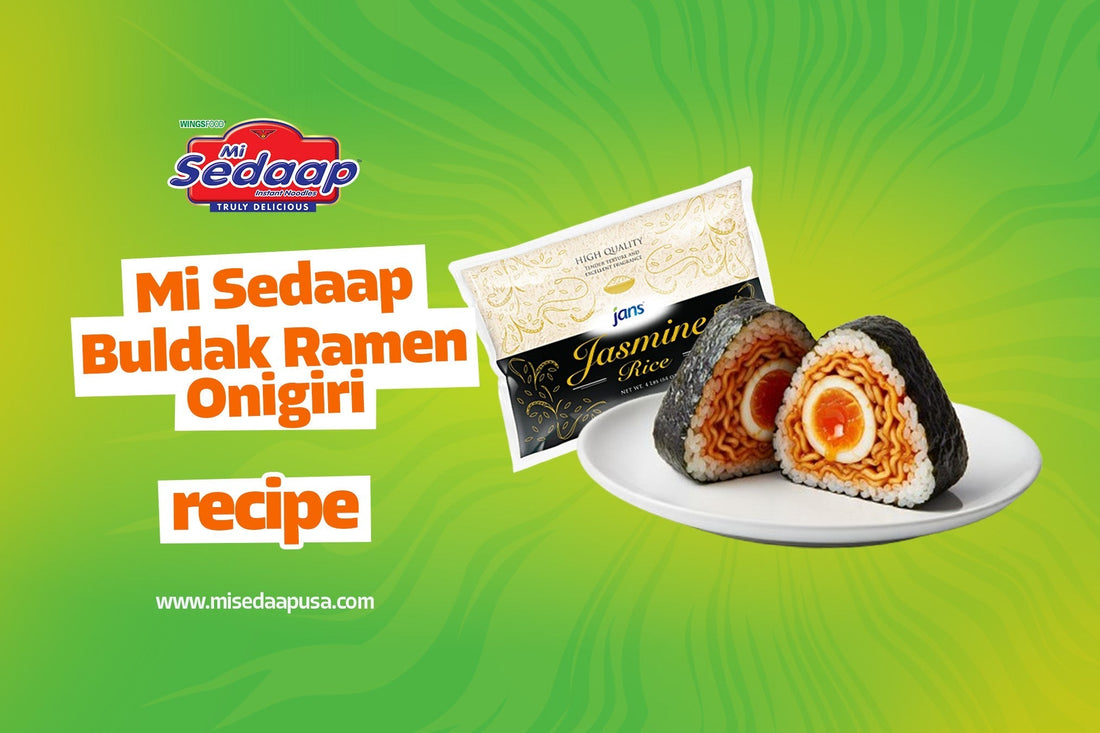 Mi Sedaap Buldak Ramen Onigiri made with Jans Jasmine Rice, featuring seaweed-wrapped rice filled with spicy ramen and soft-boiled egg on a green background promoting the recipe.
