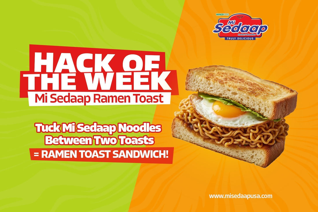 Ramen toast sandwich with Mi Sedaap noodles, egg, and lettuce between toasted bread.