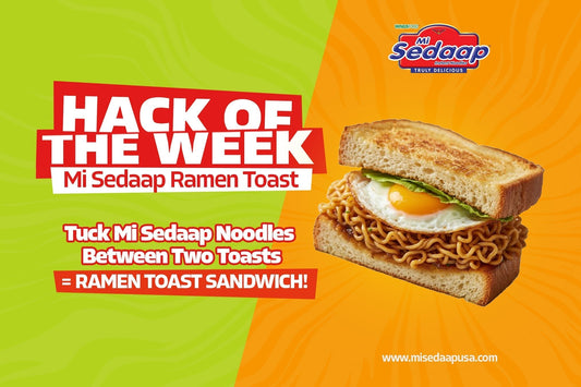 Ramen toast sandwich with Mi Sedaap noodles, egg, and lettuce between toasted bread.