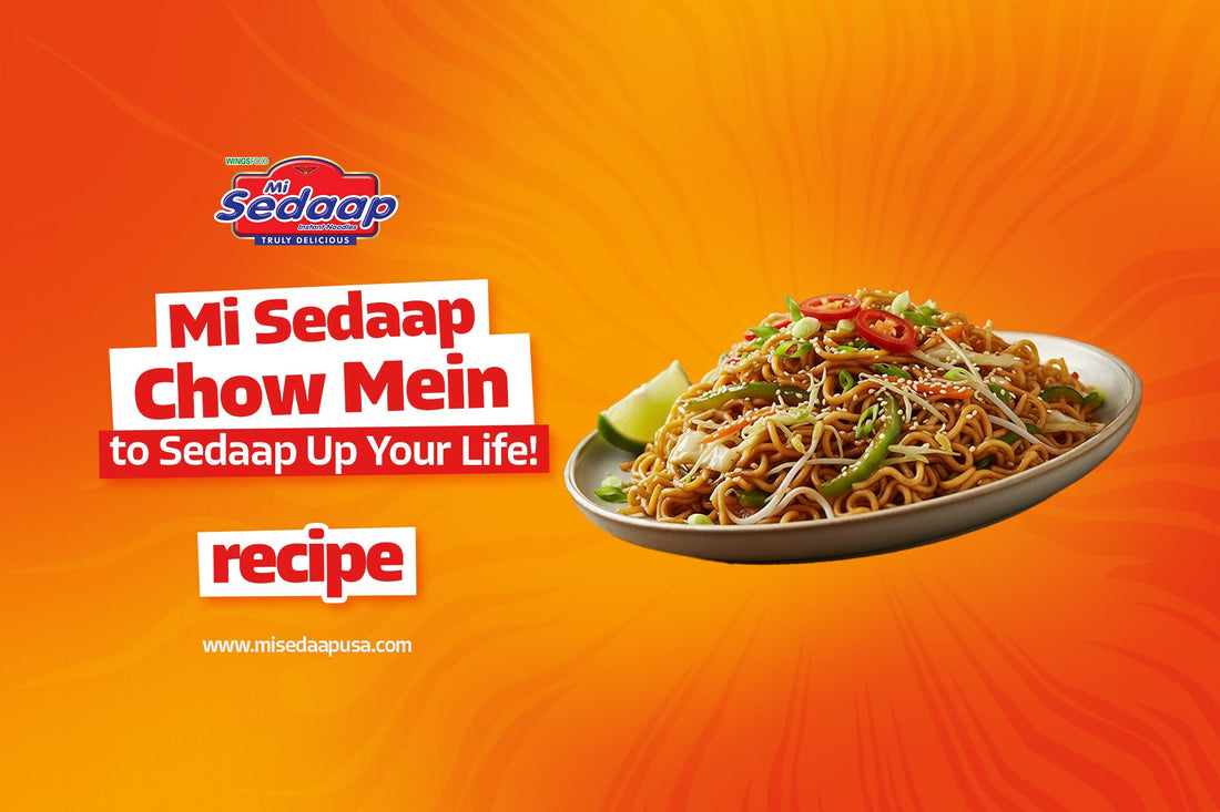 Mi Sedaap Chow Mein noodles with vegetables, sesame seeds, and chili slices on an orange background.