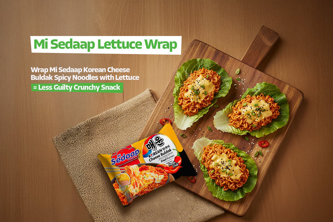 Mi Sedaap spicy buldak noodles served in lettuce wraps with melted cheese on top.