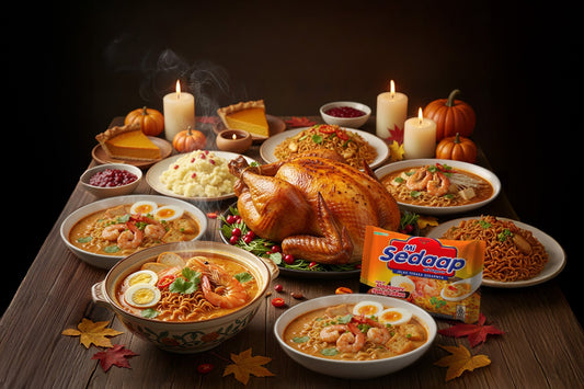Thanksgiving table with roasted turkey, Mi Sedaap noodles, laksa bowls and festive sides.