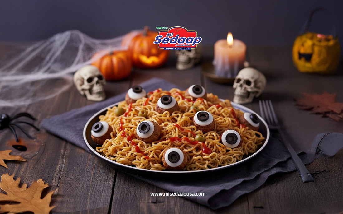 Halloween-themed Mi Sedaap noodles topped with meatballs decorated as eyeballs, surrounded by pumpkins, skulls, and candles for a spooky presentation.