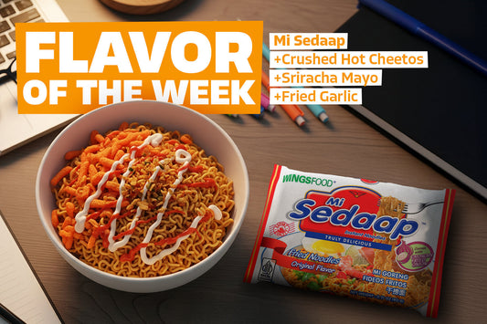 Mi Sedaap noodles topped with Hot Cheetos, sriracha mayo, and fried garlic, flavor of the week.